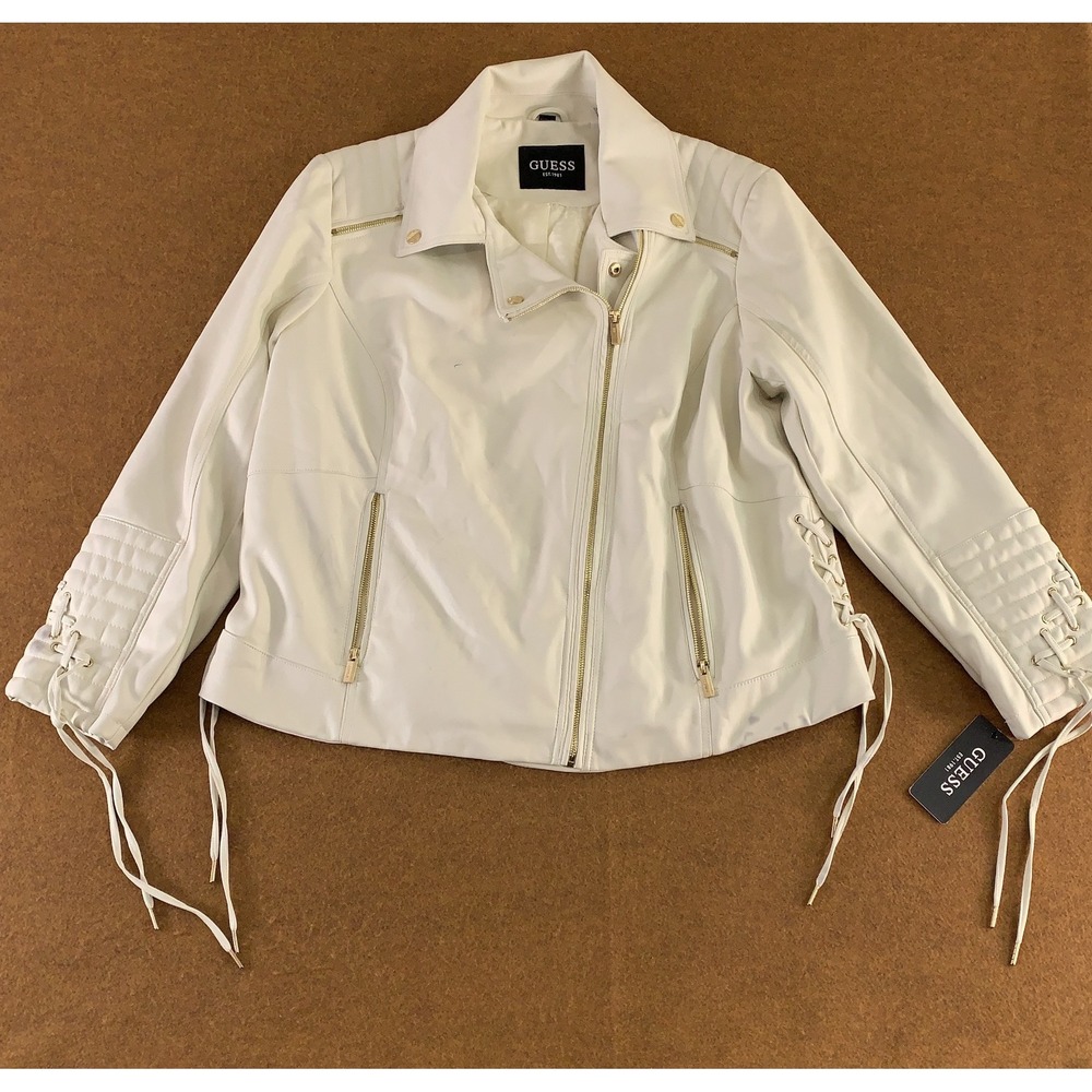 GUESS Womens Plus Size 2X Ivory Faux-Leather Asymmetric Moto Jecket NWT *Flaw